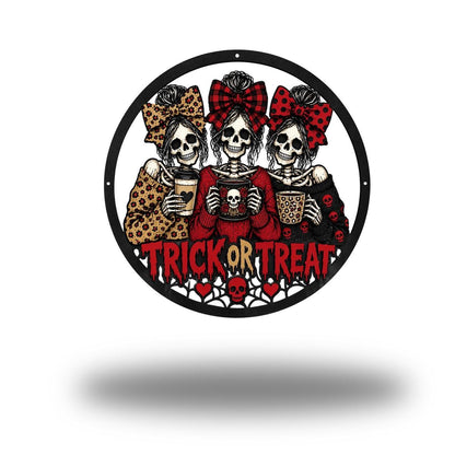 Skeleton Besties Trick or Treat Sign - Spooky Season Metal Wall Art - Skeleton Girl Squad Metal Wreath -Fall Coffee Bar Decor - Gift For Him