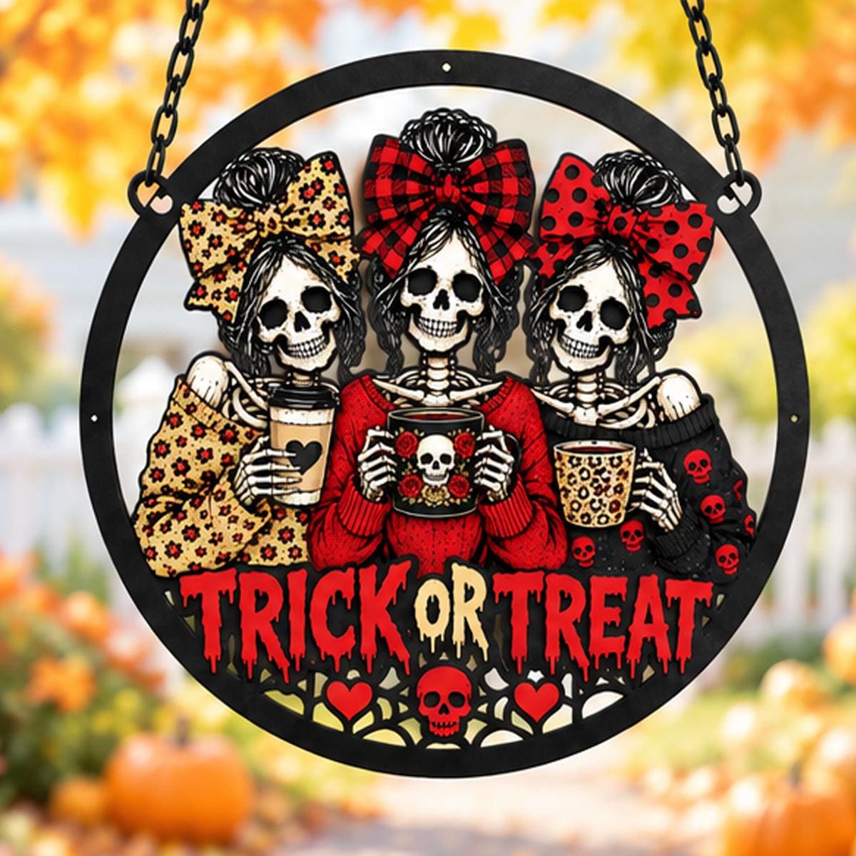 Skeleton Besties Trick or Treat Sign - Spooky Season Metal Wall Art - Skeleton Girl Squad Metal Wreath -Fall Coffee Bar Decor - Gift For Him