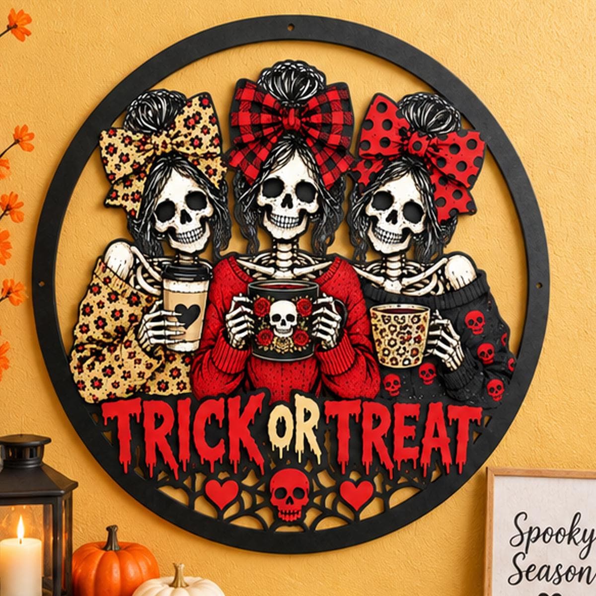 Skeleton Besties Trick or Treat Sign - Spooky Season Metal Wall Art - Skeleton Girl Squad Metal Wreath -Fall Coffee Bar Decor - Gift For Him