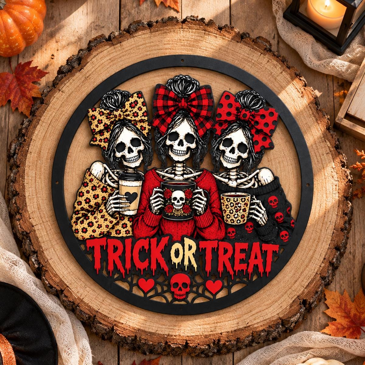 Skeleton Besties Trick or Treat Sign - Spooky Season Metal Wall Art - Skeleton Girl Squad Metal Wreath -Fall Coffee Bar Decor - Gift For Him