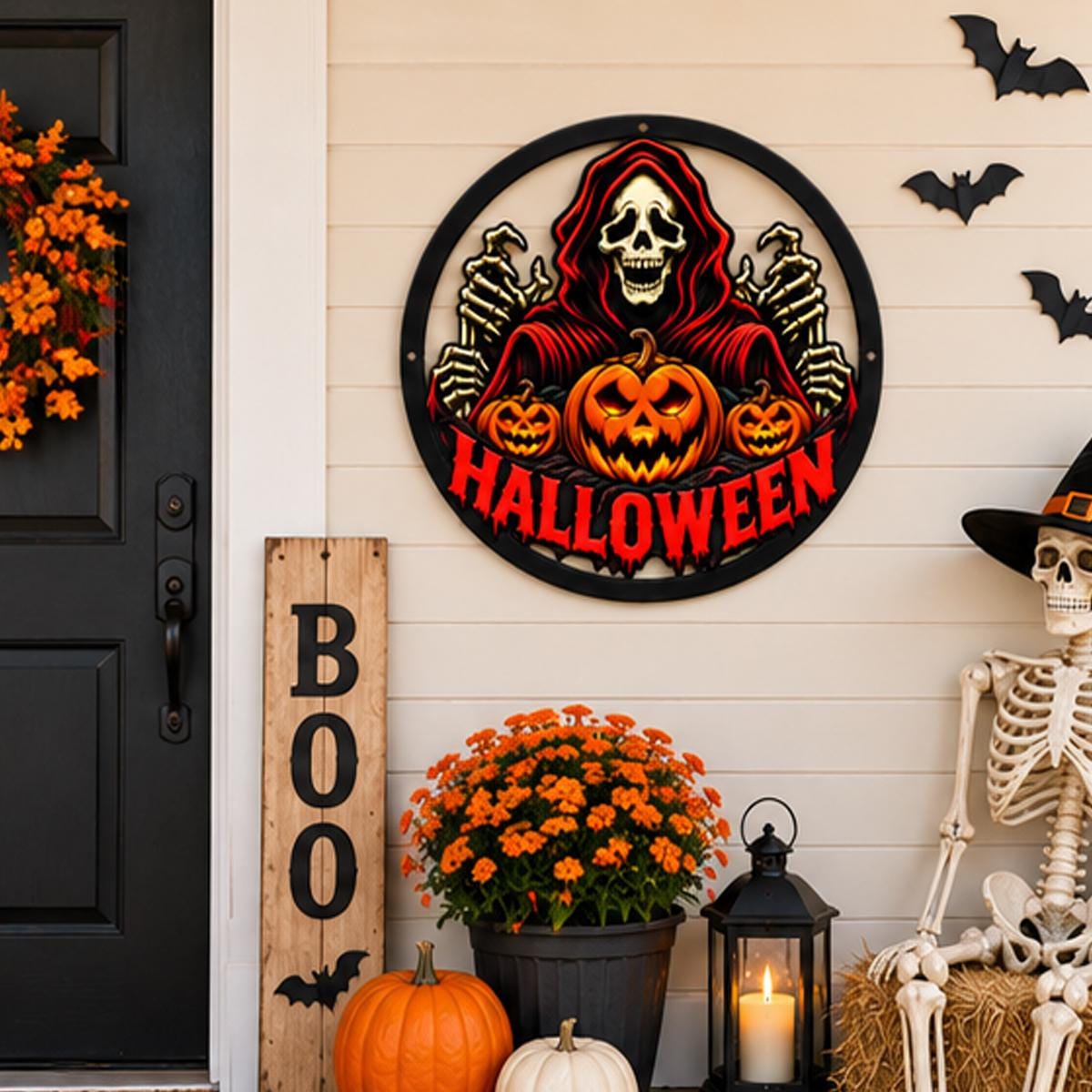 Grim Reaper Halloween Metal Sign - Scary Jack O Lantern Porch Decor - Spooky Pumpkin Art - Halloween Entryway Decor -Hooded Grim Reaper Sign
