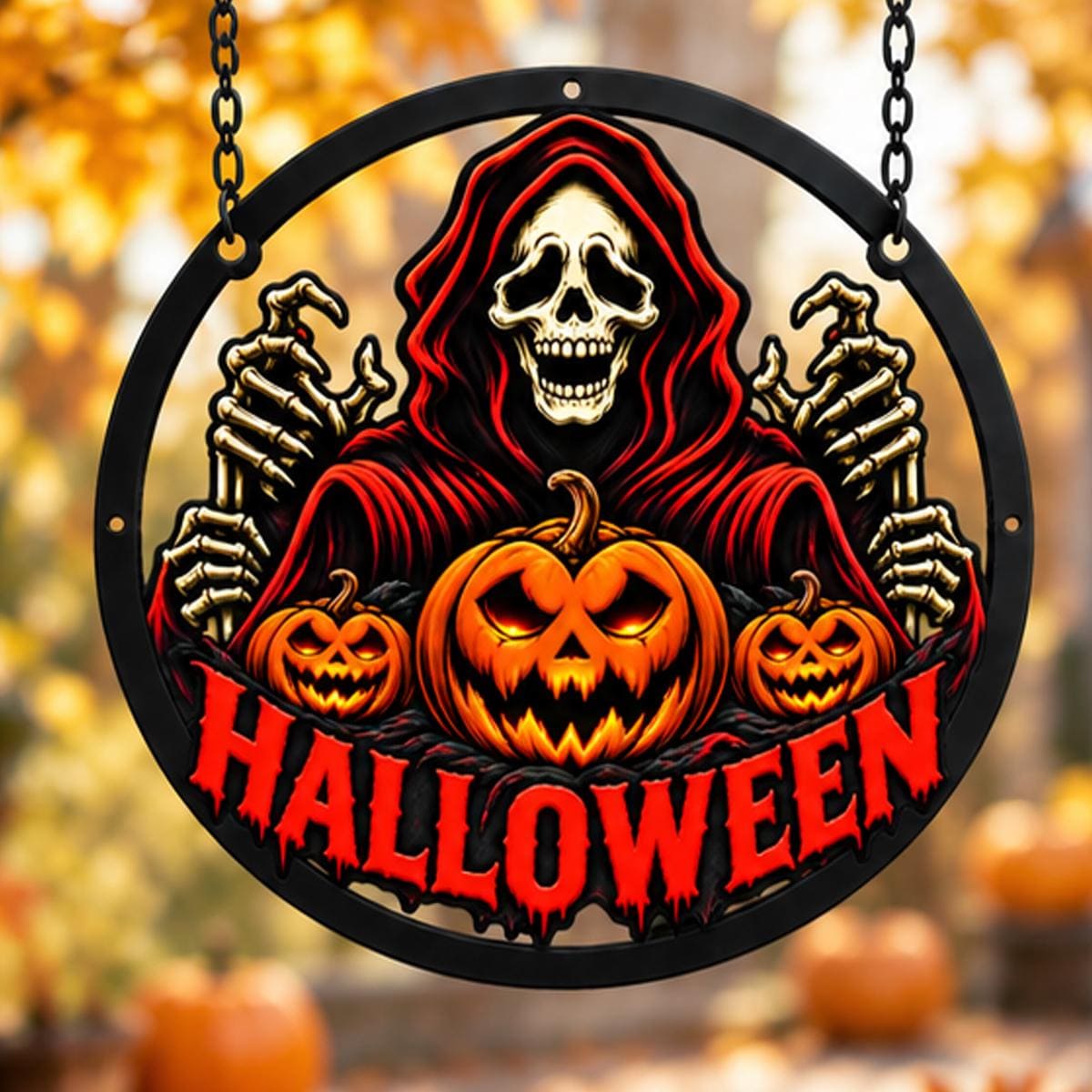 Grim Reaper Halloween Metal Sign - Scary Jack O Lantern Porch Decor - Spooky Pumpkin Art - Halloween Entryway Decor -Hooded Grim Reaper Sign
