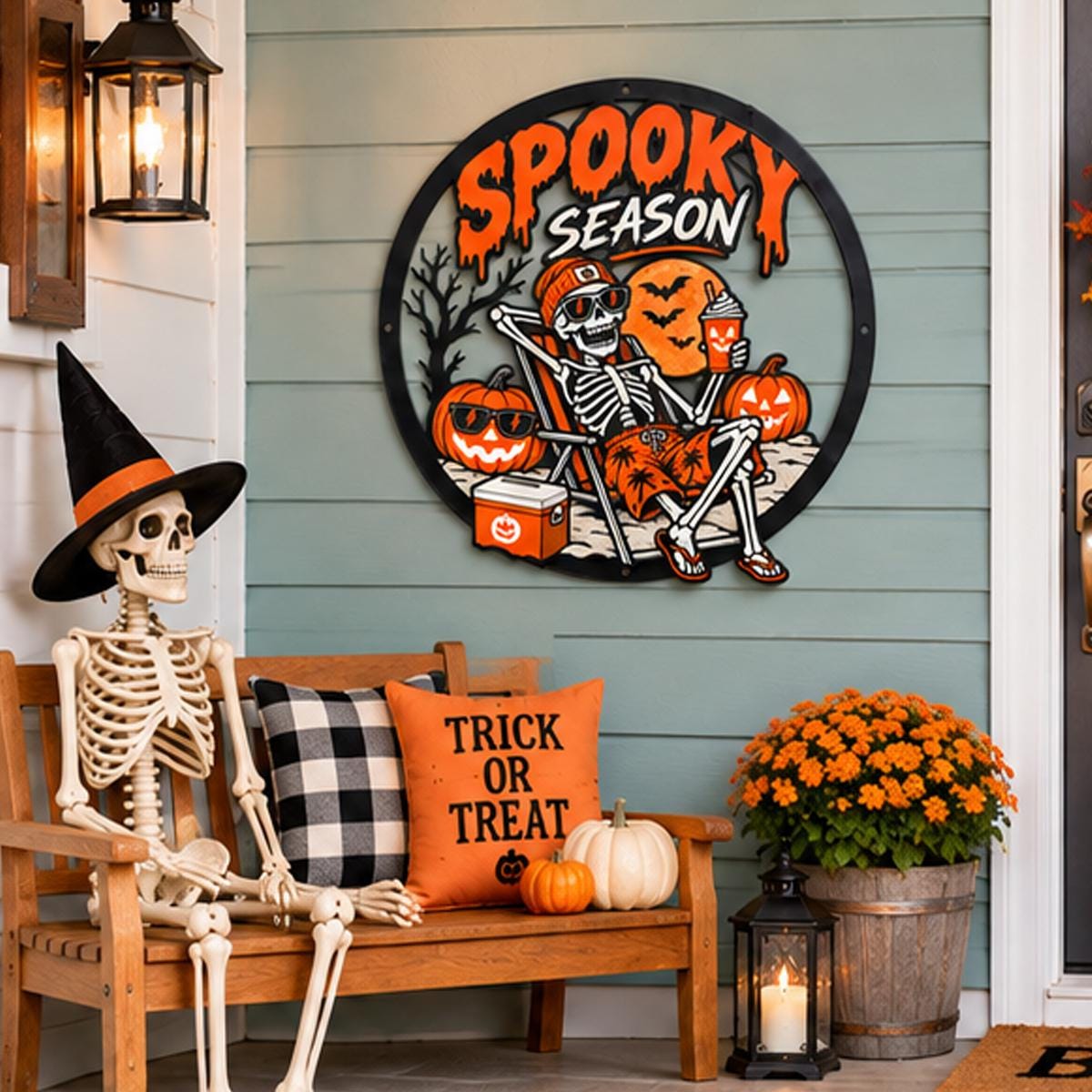 Beach Skeleton Halloween Metal Sign - Spooky Season Metal Wall Art - Skeleton Relaxing Metal Wall Decor - Halloween Party Gift Wreath