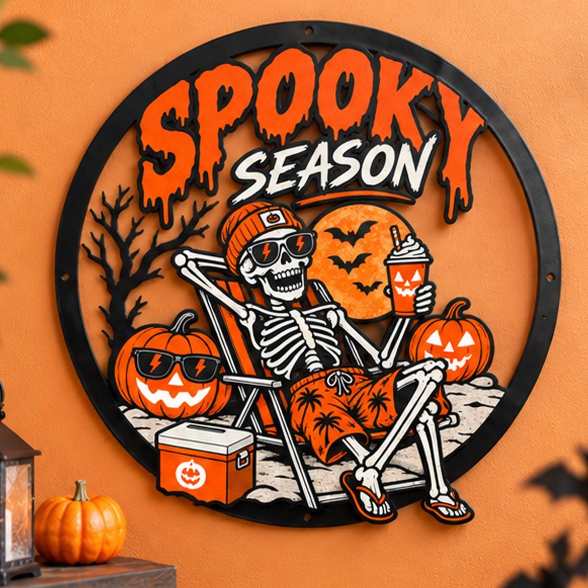Beach Skeleton Halloween Metal Sign - Spooky Season Metal Wall Art - Skeleton Relaxing Metal Wall Decor - Halloween Party Gift Wreath