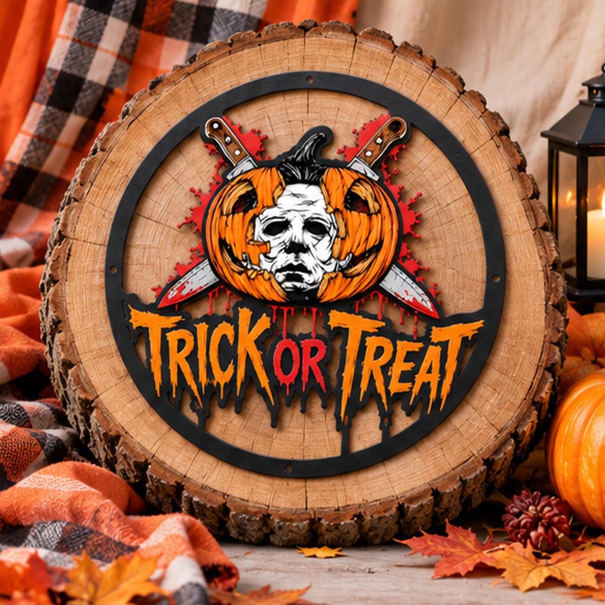 Scary Face Mask Metal Sign - Halloween Entryway Art - Spooky Halloween Trick or Treat Metal Wall Decor - Bloody Kitchen Knives Sign
