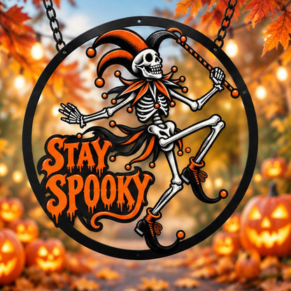 Stay Spooky Skeleton Metal Sign - Spooky Court Clown Porch Decor - Gothic Halloween Metal Art - Fall Gothic Living Room Decor - Gift For Him