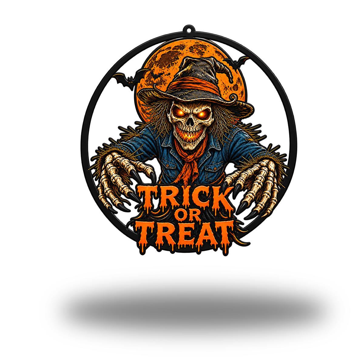 Halloween Scary Scarecrow Metal Sign - Scarecrow Trick or Treat Sign - Spooky Season Metal Wall Art - Halloween Party Gift Wreath