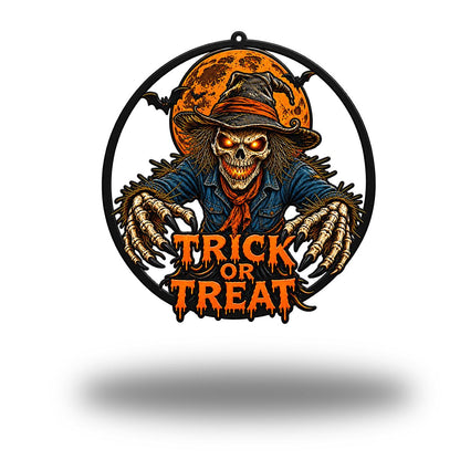 Halloween Scary Scarecrow Metal Sign - Scarecrow Trick or Treat Sign - Spooky Season Metal Wall Art - Halloween Party Gift Wreath