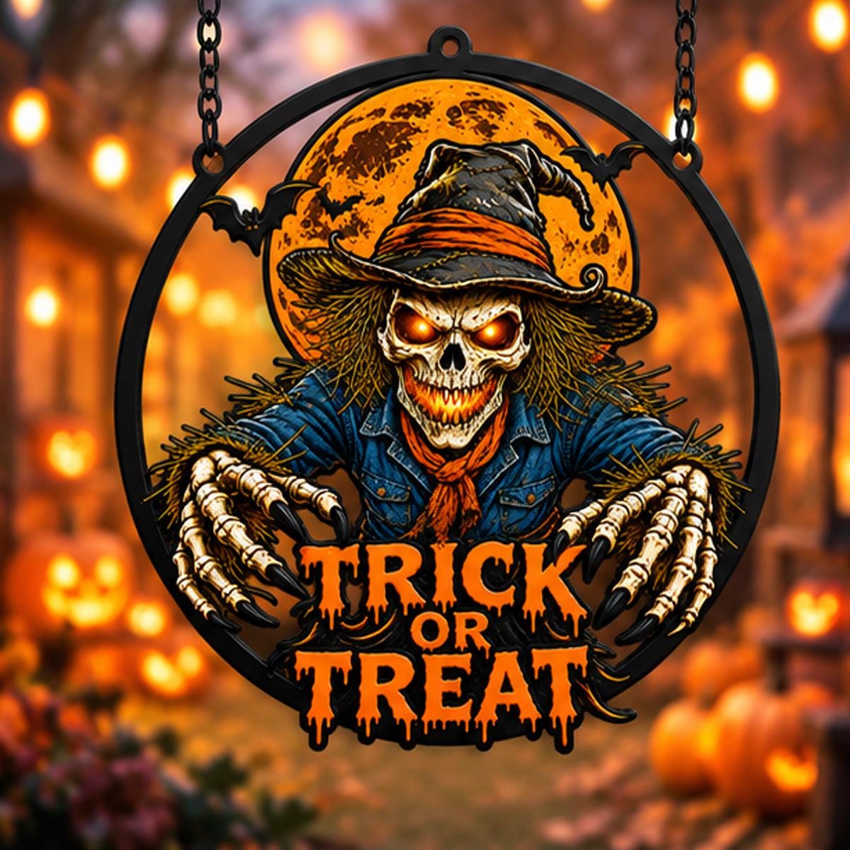 Halloween Scary Scarecrow Metal Sign - Scarecrow Trick or Treat Sign - Spooky Season Metal Wall Art - Halloween Party Gift Wreath