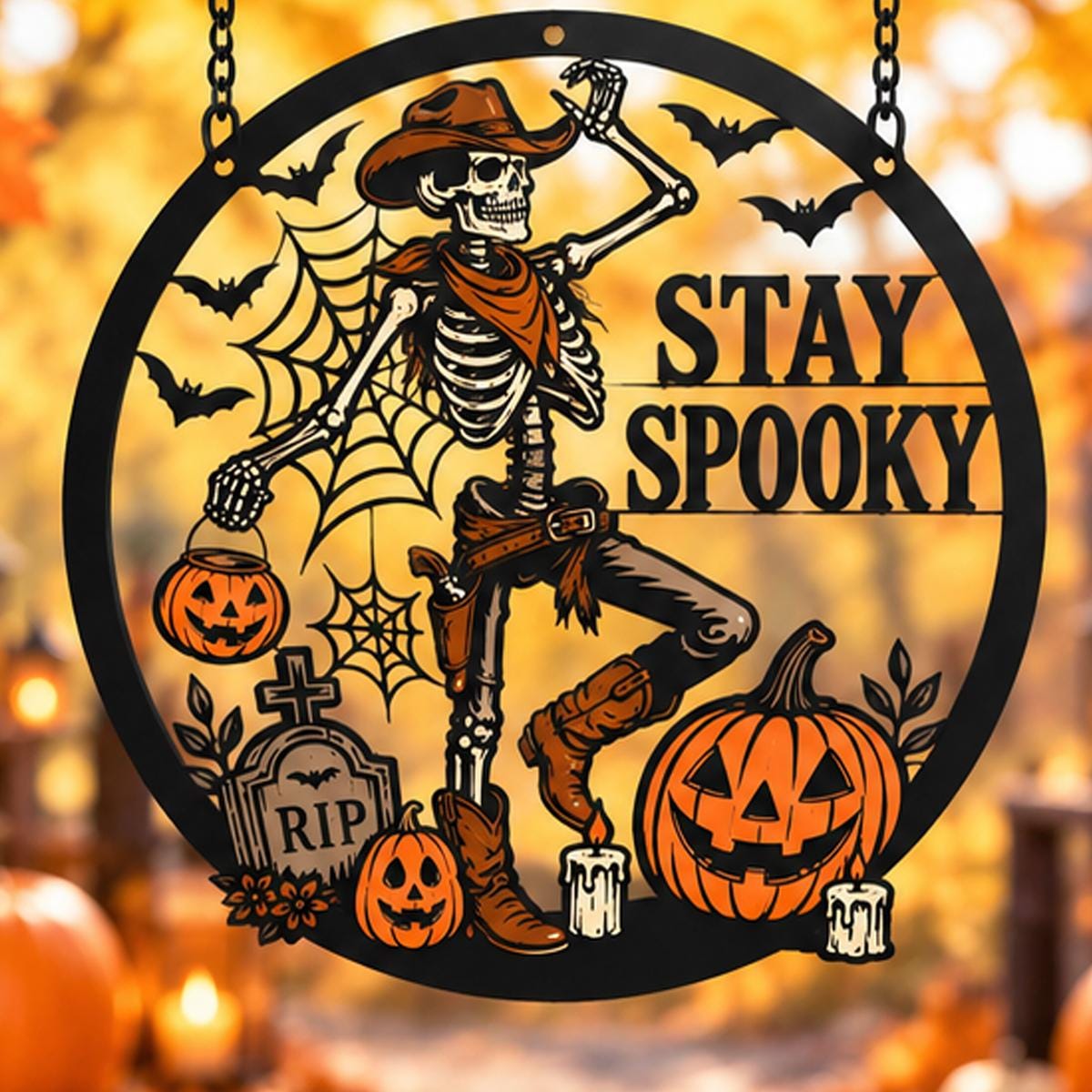Stay Spooky Cowboy Skeleton Metal Sign - Western Halloween Door Decor -Stay Spooky Hanger Sign -Pumpkin Wall Hanging -Halloween Entryway Art