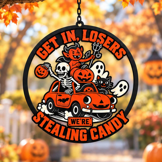 Get In Losers Metal Sign - Halloween Stealing Candy Door Decor - Vintage Ghost Wreath - Retro Spooky Squad Porch Decor - Ghost Wall Hanging