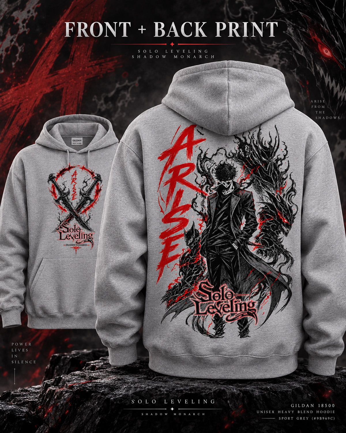 Solo Leveling Arise Hoodie, Front & Back Print, Shadow Monarch Anime Graphic Hoodie, Dark Fantasy Manga Hoodie, Unisex Anime Streetwear Gift