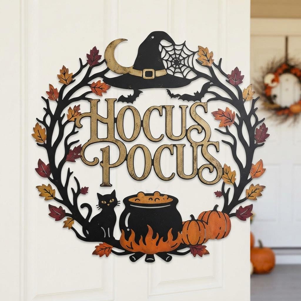 Hocus Pocus Halloween Metal Sign, Witch Hat Black Cat Wall Decor, Pumpkin Cauldron Door Hanger, Spooky Fall Porch Decoration