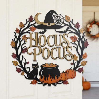 Hocus Pocus Halloween Metal Sign, Witch Hat Black Cat Wall Decor, Pumpkin Cauldron Door Hanger, Spooky Fall Porch Decoration