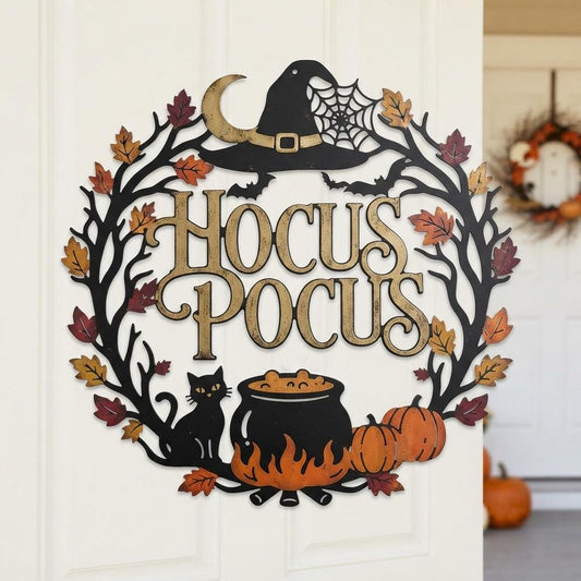Hocus Pocus Halloween Metal Sign, Witch Hat Black Cat Wall Decor, Pumpkin Cauldron Door Hanger, Spooky Fall Porch Decoration
