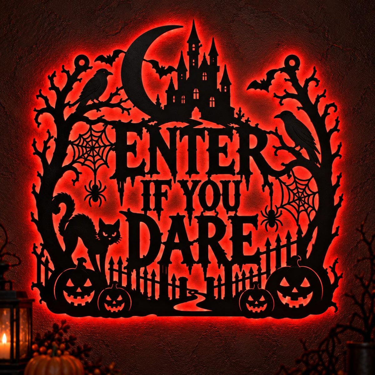 Enter If You Dare Halloween Metal Sign, Haunted Castle Wall Art, Spooky Pumpkin Cat Decor, Gothic Halloween Home Decoration