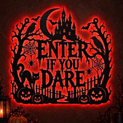 Enter If You Dare Halloween Metal Sign, Haunted Castle Wall Art, Spooky Pumpkin Cat Decor, Gothic Halloween Home Decoration