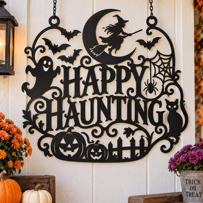 Haunted House Metal Sign, Halloween Wall Decor, Spooky Pumpkin Bat Wall Art, Gothic Front Porch Hanging, Indoor Outdoor Fall Decor
