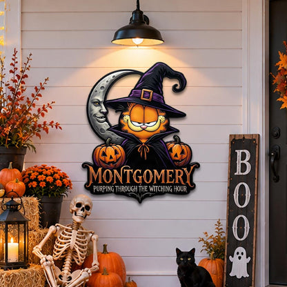 Halloween Cat Metal Sign -  Custom Witch Kitty Wall Decor - UV Printed Black Powder Coated Mild Steel Hanging Plaque - Spooky Autumn Gift