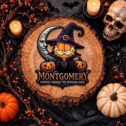 Halloween Cat Metal Sign -  Custom Witch Kitty Wall Decor - UV Printed Black Powder Coated Mild Steel Hanging Plaque - Spooky Autumn Gift