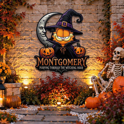 Halloween Cat Metal Sign -  Custom Witch Kitty Wall Decor - UV Printed Black Powder Coated Mild Steel Hanging Plaque - Spooky Autumn Gift