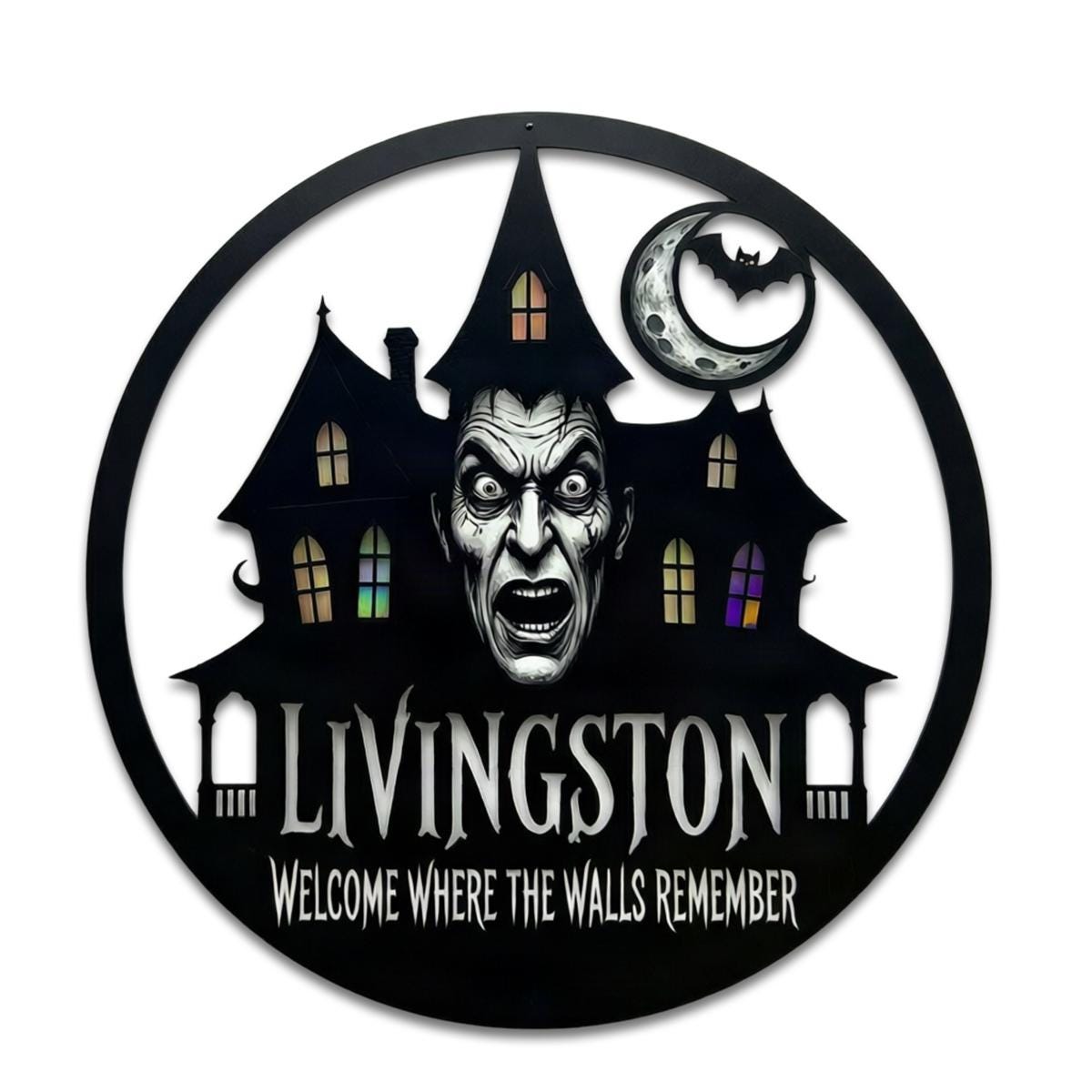 Haunted Mansion Metal Sign| Custom Halloween Wall Decor|Gothic Family Name Plaque| UV Printed Black Powder Coated Mild Steel Artwork