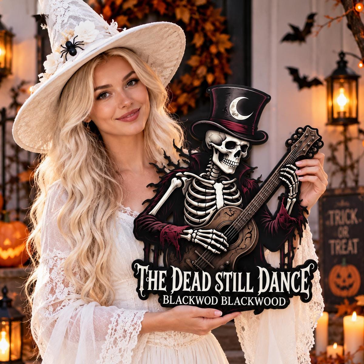 Skeleton Musician Metal Sign| Personalized Halloween Wall Art| UV Printed Powder Coated Steel Guitar Decoration