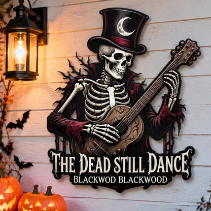 Skeleton Musician Metal Sign| Personalized Halloween Wall Art| UV Printed Powder Coated Steel Guitar Decoration