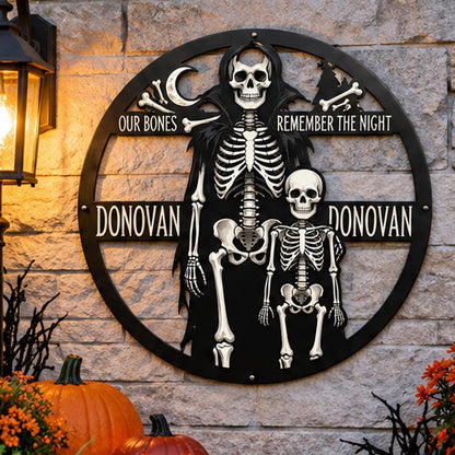 Personalized Skeleton Family Metal decor| Custom Halloween Wall art|Gothic Skeleton Name Plaque| UV Printed| Black Powder Coated Mild sign