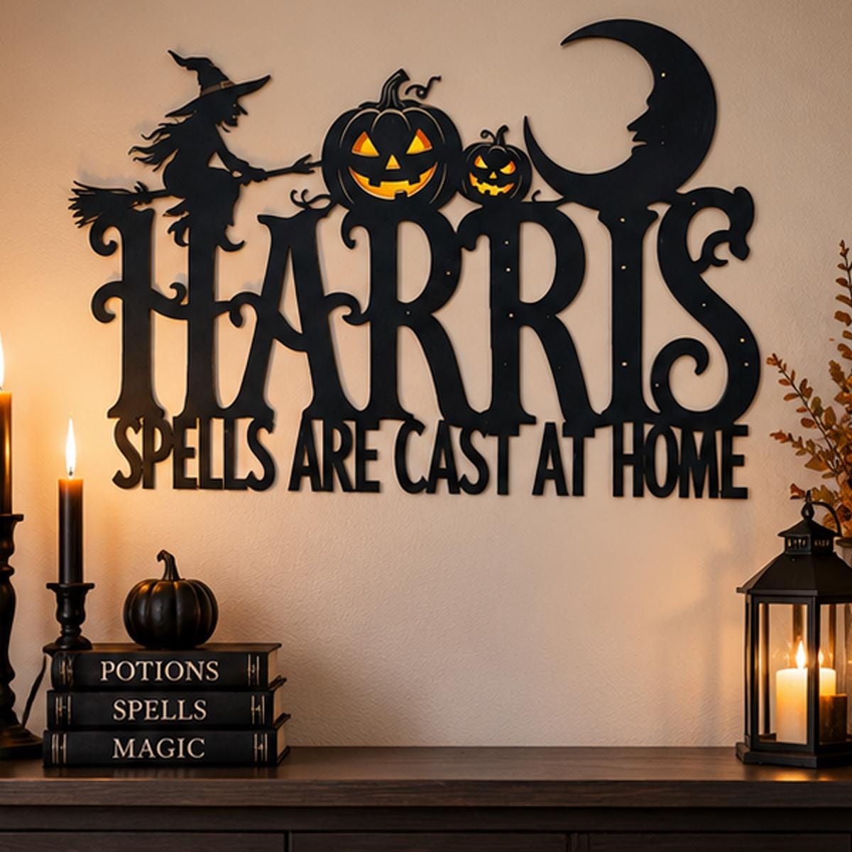 Personalized Halloween Witch Metal Sign| Family Name Wall Decor| Spells Are Cast At Home Plaque| UV Printed Black Powder Coated Mild Sign