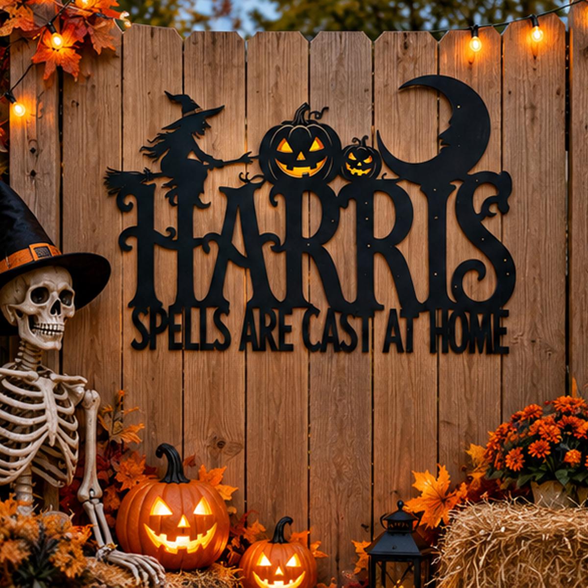 Personalized Halloween Witch Metal Sign| Family Name Wall Decor| Spells Are Cast At Home Plaque| UV Printed Black Powder Coated Mild Sign