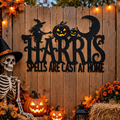 Personalized Halloween Witch Metal Sign| Family Name Wall Decor| Spells Are Cast At Home Plaque| UV Printed Black Powder Coated Mild Sign