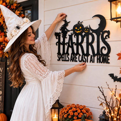 Personalized Halloween Witch Metal Sign| Family Name Wall Decor| Spells Are Cast At Home Plaque| UV Printed Black Powder Coated Mild Sign