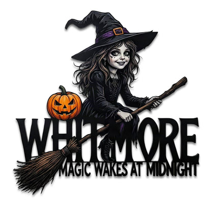 Witch Metal Sign| Custom Halloween Family Name Wall Decor| Magic Wakes At Midnight Plaque| UV Printed Black Powder Coated Mild Steel Sign