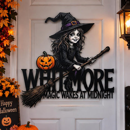 Witch Metal Sign| Custom Halloween Family Name Wall Decor| Magic Wakes At Midnight Plaque| UV Printed Black Powder Coated Mild Steel Sign