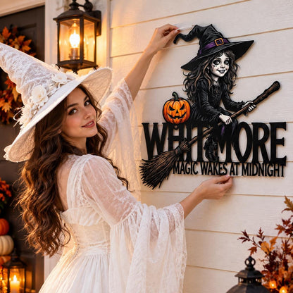Witch Metal Sign| Custom Halloween Family Name Wall Decor| Magic Wakes At Midnight Plaque| UV Printed Black Powder Coated Mild Steel Sign