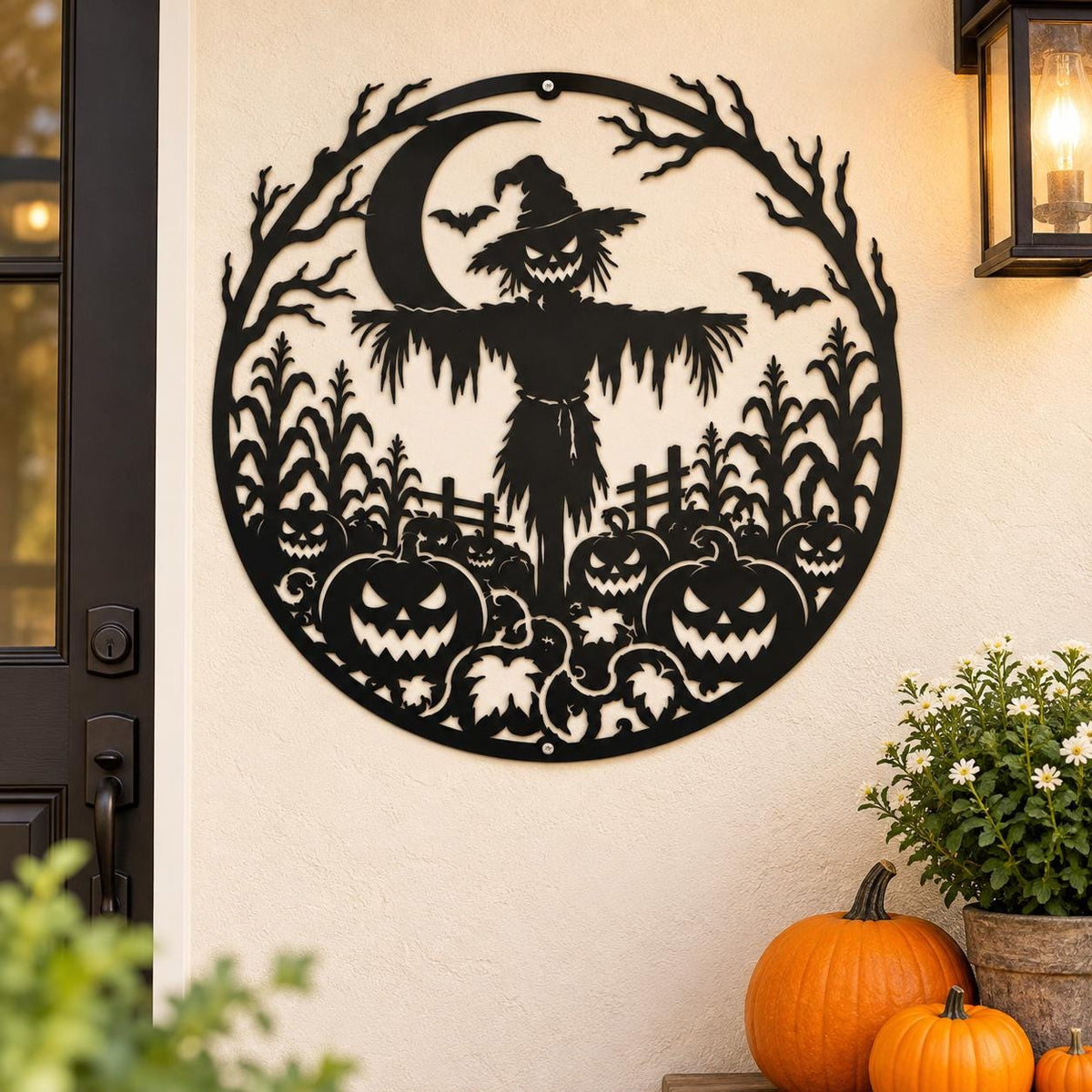 Halloween Metal Wall Art, Scarecrow Pumpkin Decor, Spooky Fall Porch Sign, Moon Bat Outdoor Wall Decor, Autumn Home Decoration