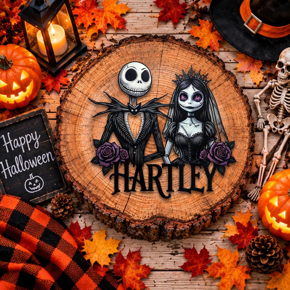 Personalized Gothic Couple Metal Sign| Custom Halloween Family Name Wall Decor| Skeleton Bride Plaque| UV Printed Black Powder Coated Mild