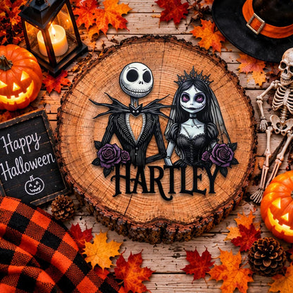 Personalized Gothic Couple Metal Sign| Custom Halloween Family Name Wall Decor| Skeleton Bride Plaque| UV Printed Black Powder Coated Mild