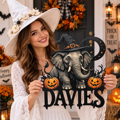 Custom Elephant Halloween Metal Sign| Personalized Family Name Decor| UV Printed | Black Powder Coated Steel Wall Art