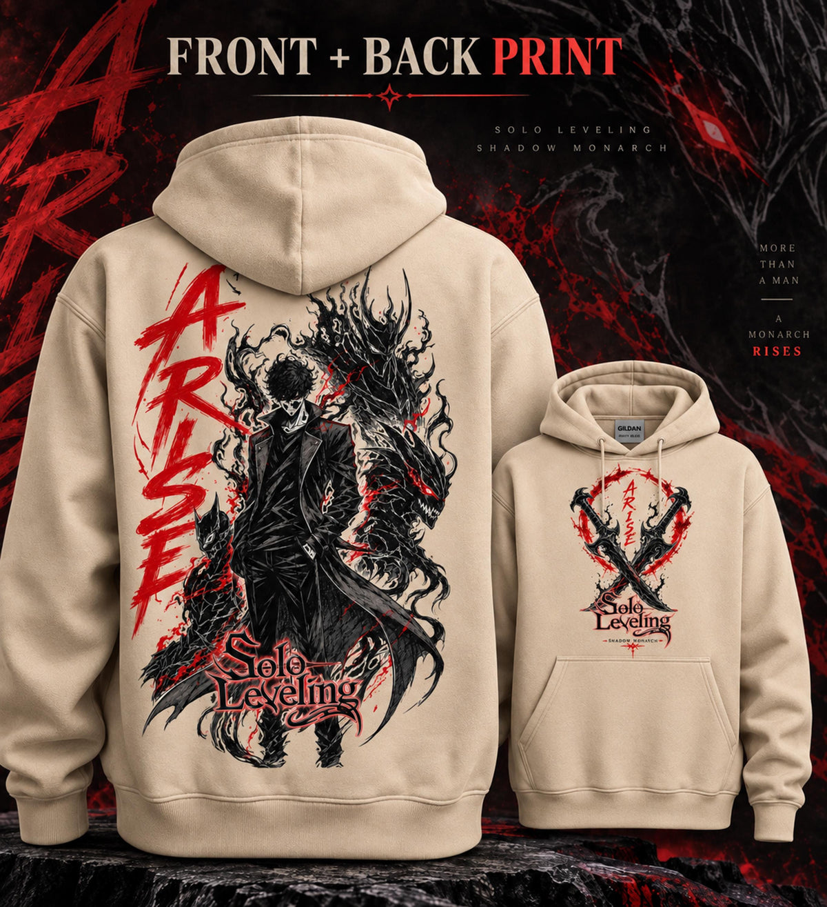 Solo Leveling Arise Hoodie, Front & Back Print, Shadow Monarch Anime Graphic Hoodie, Dark Fantasy Manga Hoodie, Unisex Anime Streetwear Gift