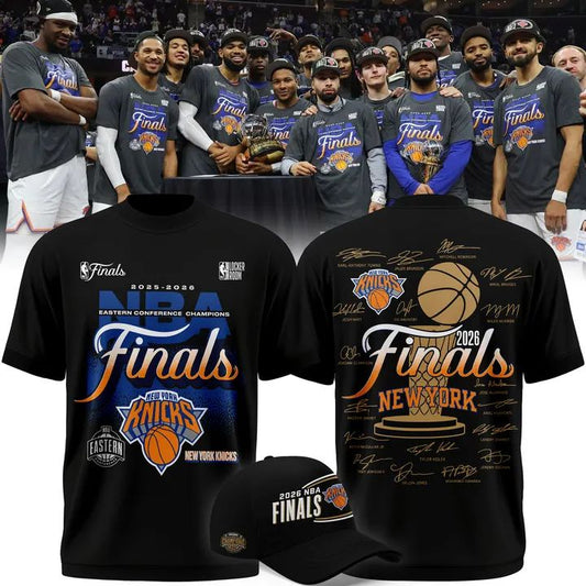 Exclusive New York Knicks 2026 Eastern Conference Champions Locker Room Team Signatures Print Tee | EH55