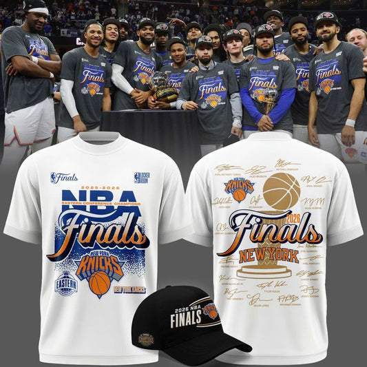 Exclusive New York Knicks 2026 Eastern Conference Champions Locker Room Team Signatures Print T-Shirt White | YR77