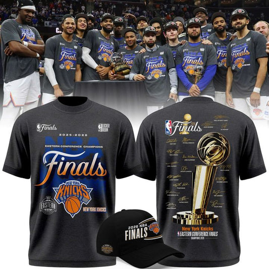 2026 Exclusive New York Knicks Eastern Conference Champions Locker Room Team Signatures Print Tee. | RQ21