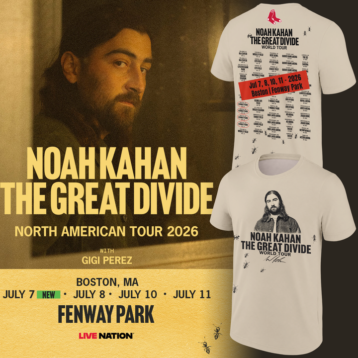 2026 Exclusive T-Shirt Signatures Print Noah Kahan x Boston Red Sox "THE GREAT DIVIDE WORLD TOUR" | DV60