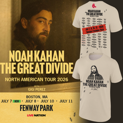 2026 Exclusive T-Shirt Signatures Print Noah Kahan x Boston Red Sox "THE GREAT DIVIDE WORLD TOUR" | DV60